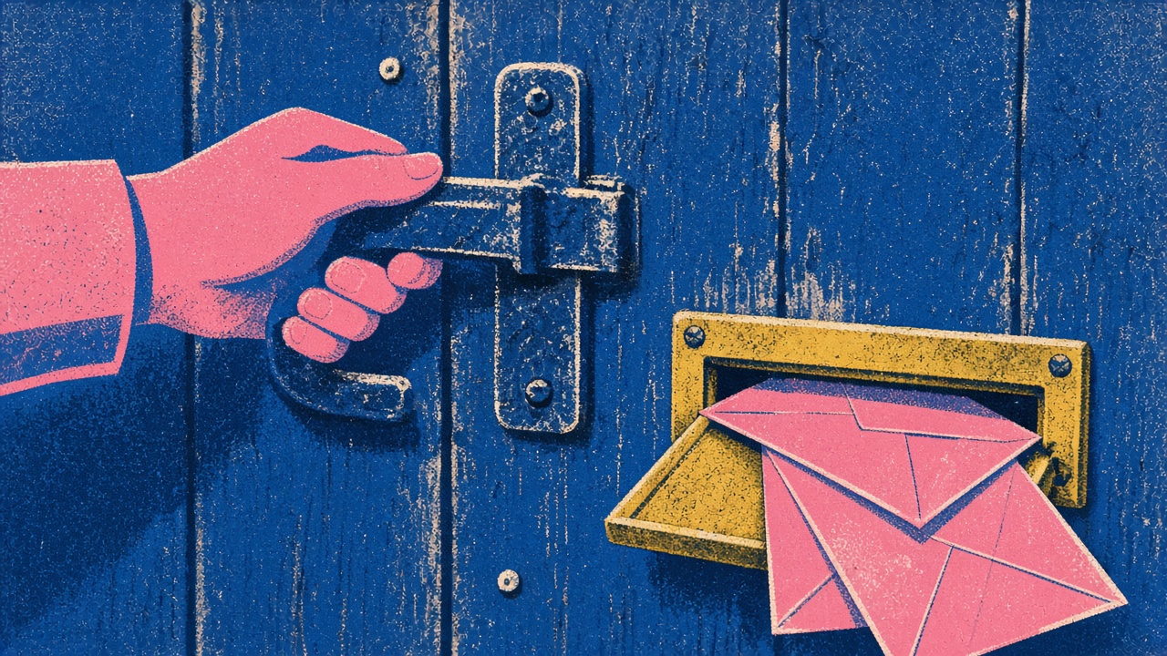 Risograph illustration of a hand holding a door latch shut while envelopes slide out through the mail slot beside it.