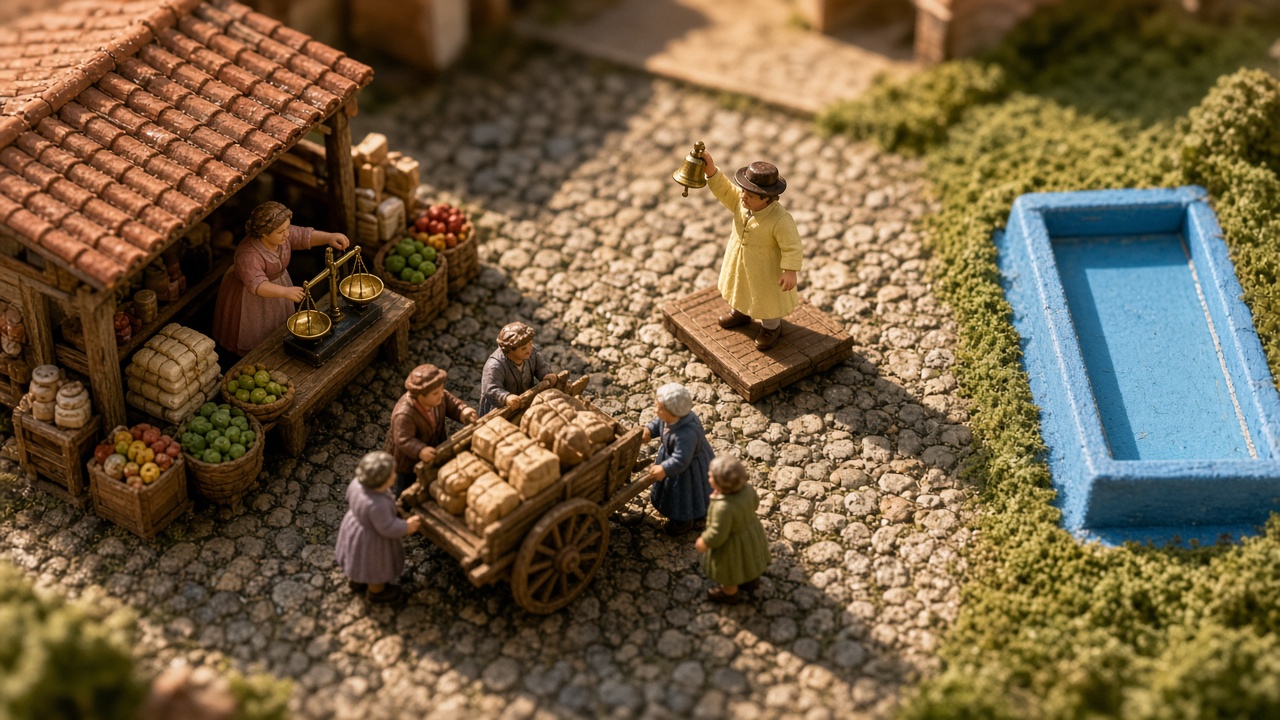 Overhead tilt-shift photo of a miniature market where a shopkeeper lowers a weight on her scale while a town crier across the square rings a bell for a crowd around a shared cart.