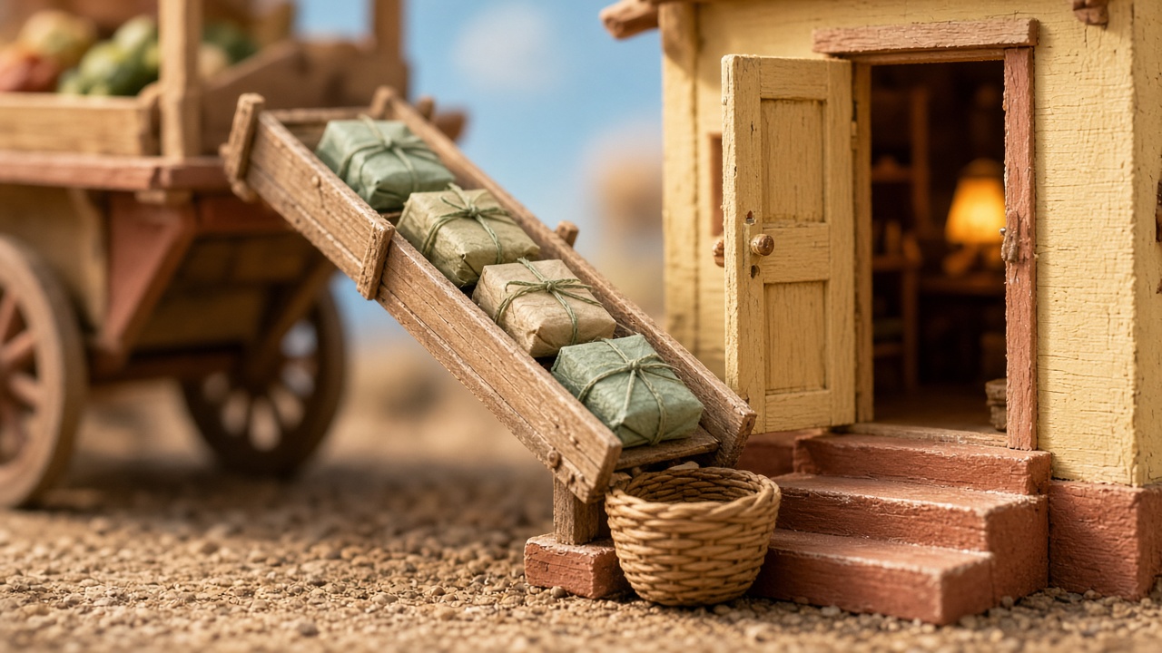Close tilt-shift photo of a tiny one-way wooden chute carrying wrapped parcels from a shared cart down into a basket at one small shop's back door.