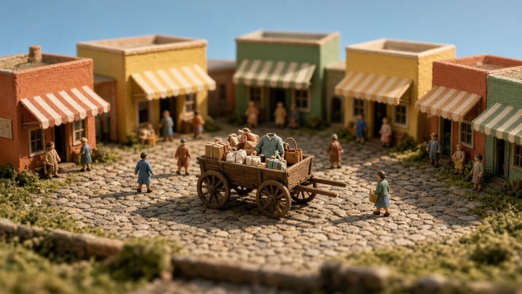 Tilt-shift photo of a miniature town square where tiny shoppers carry parcels from several shops into one large shared cart while shopkeepers watch from their doorways.