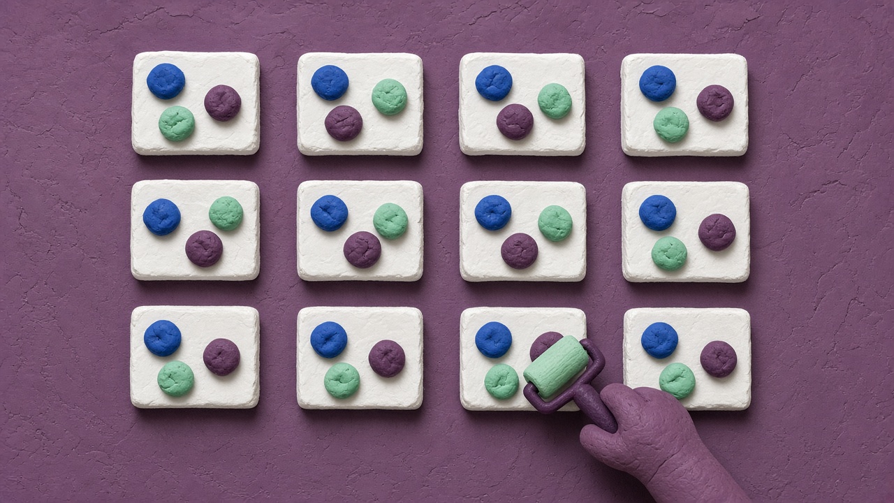 Claymation tiles seen from above, each topped with a small swatch of three clay colors that drifts tile to tile, while a clay hand rolls fresh color onto one.