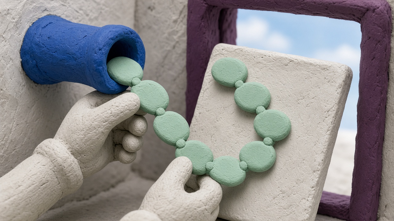Claymation close-up of clay hands pulling a chain of blank mint speech shapes from a blue wall pipe and pressing them onto a board in an open doorway.