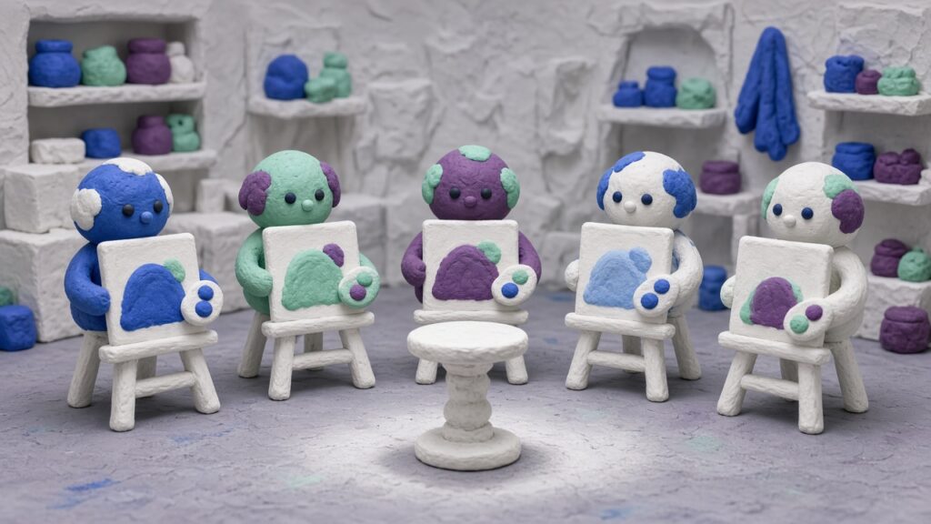 Claymation scene of five small clay painters at easels, each painting the same shape in a slightly different shade, around an empty pedestal under a spotlight.