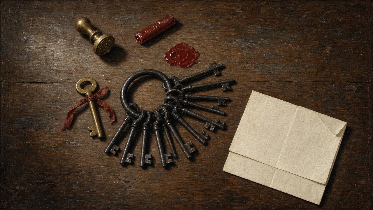 Overhead oil painting of a single small brass key on a red ribbon lying next to a large iron ring of many keys, with a seal and red sealing wax on a dark table.