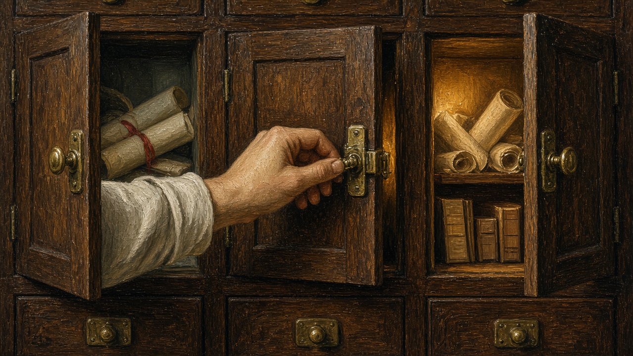 Close oil painting of a hand turning a brass latch to shut one small cabinet door while two neighboring doors stay ajar with candlelight inside.