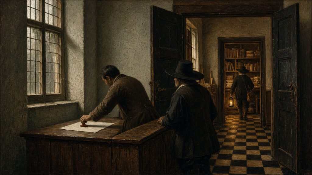 Oil painting of a merchant's house where a shopkeeper seals a blank sheet at the front counter while, far back through open doorways, a figure with a lantern walks into rooms lined with books.