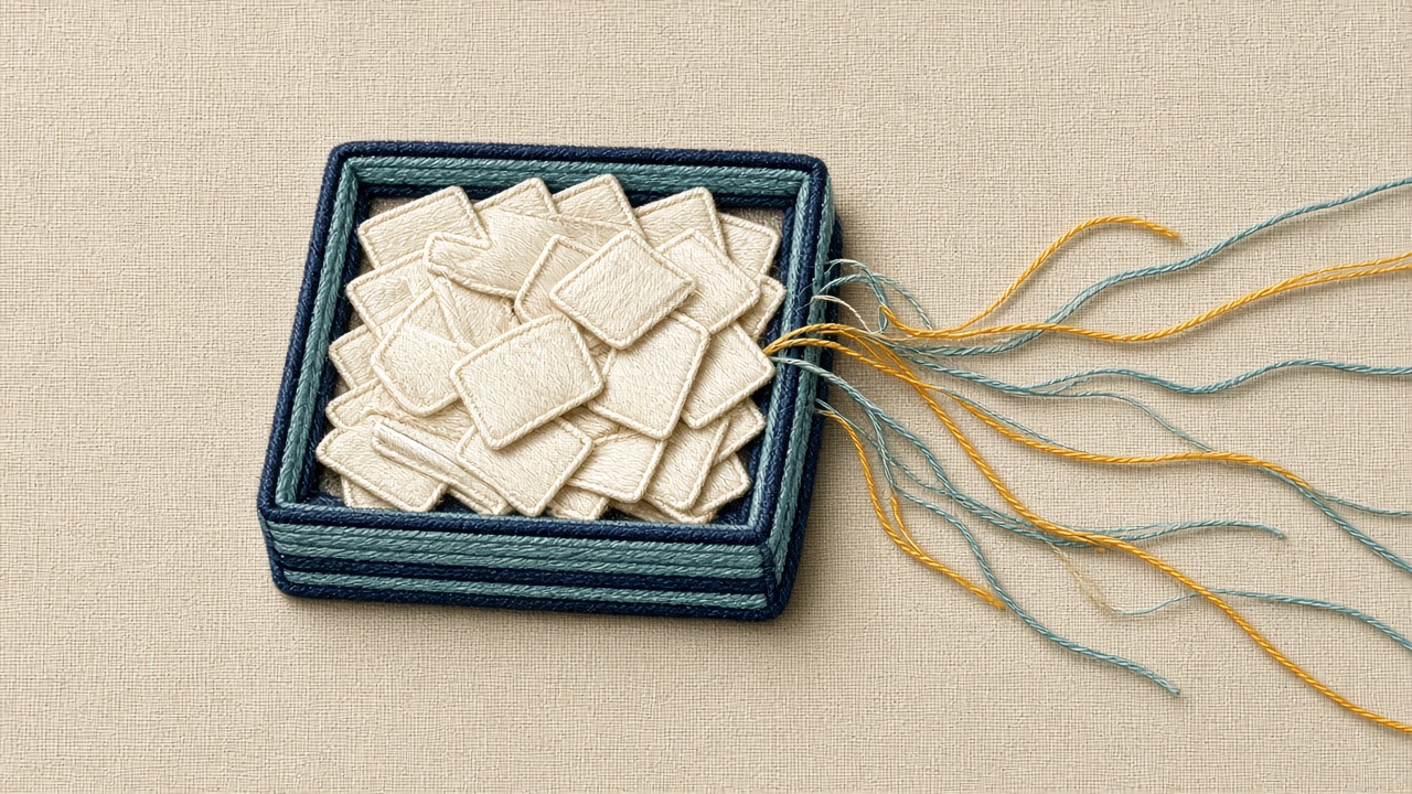Overhead view of embroidery showing an open shoebox full of blank paper slips, with a few slips unravelling into loose yellow and teal threads.