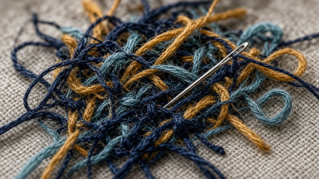 Close-up of the back of an embroidery, a hidden tangle of navy, yellow and teal threads with a silver needle pulled through the linen.