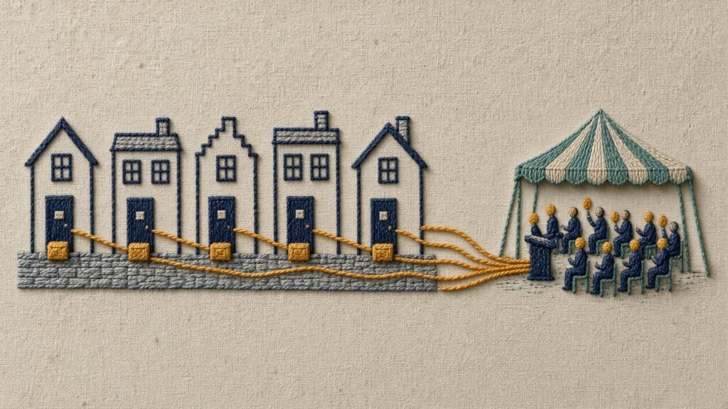 Embroidery on linen of a row of small houses, each with a parcel at the door, with a yellow thread running from every letterbox across the street into a market tent where tiny figures raise bidding paddles.