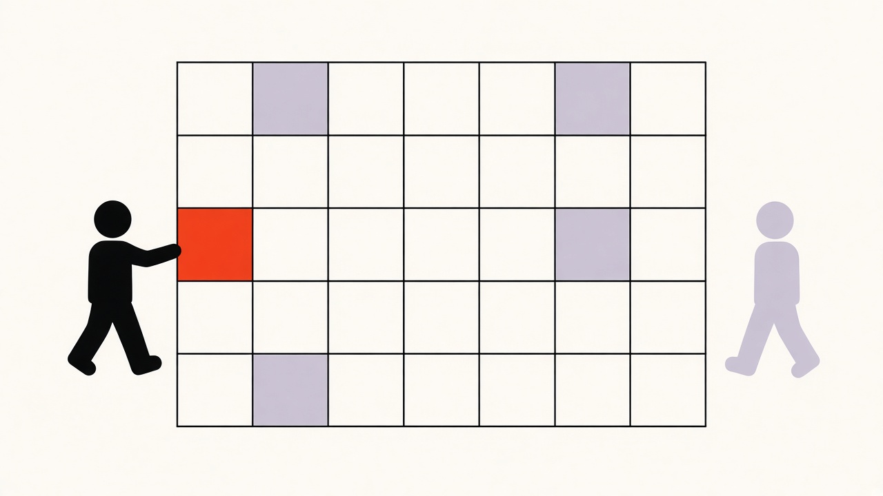 Flat geometric illustration of a blank planner grid with one red square, reached by one figure while a second figure is still two squares away.