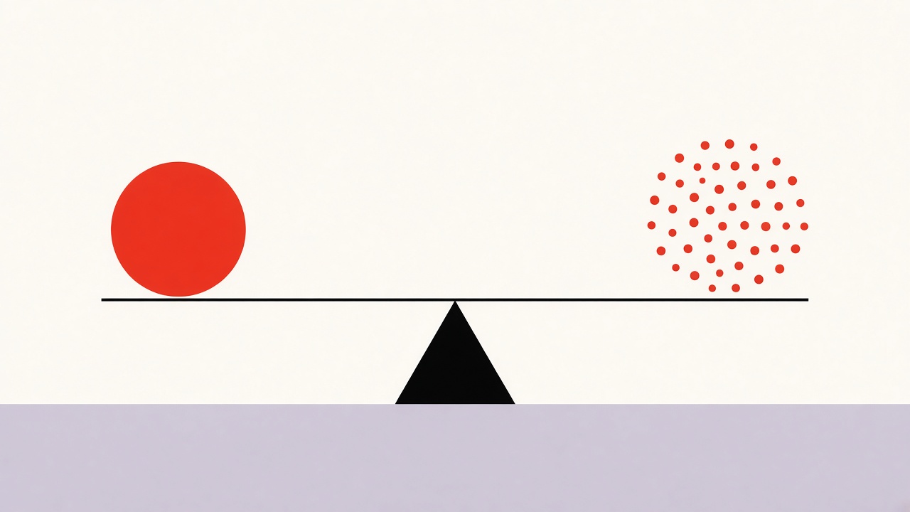 Flat geometric illustration of one large red circle and a scattered circle of small red dots resting on a level balance beam.