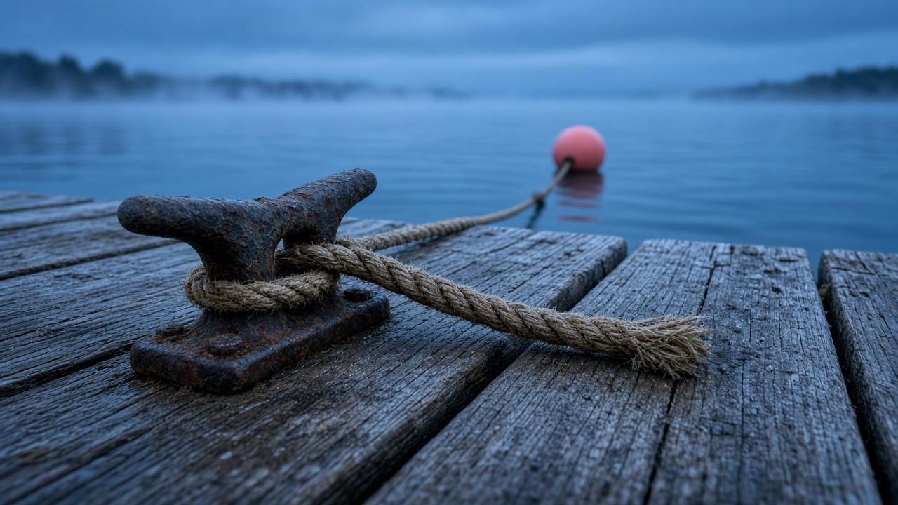 A cut rope end lying on a wet wooden quay, with a coral buoy still floating in the empty mooring beyond.