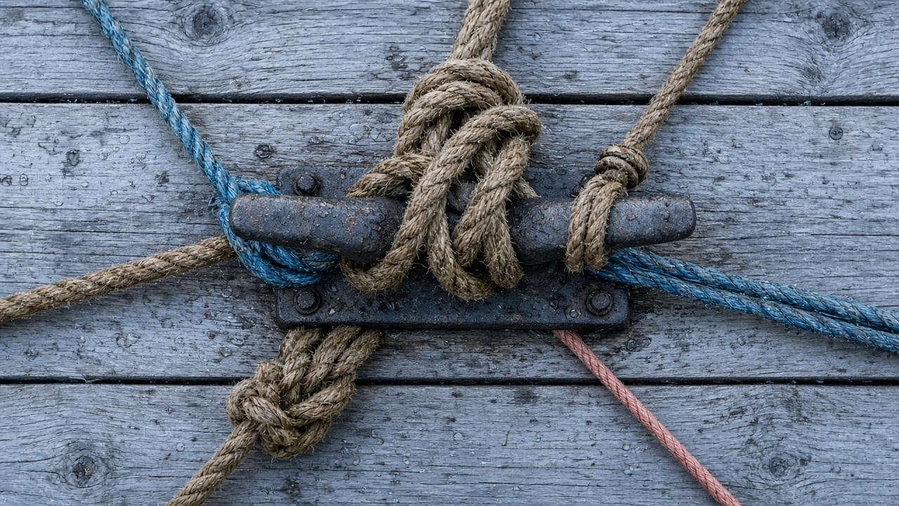Overhead view of one iron cleat on weathered dock planks with several ropes tied to it in different knots, some neat and some messy.
