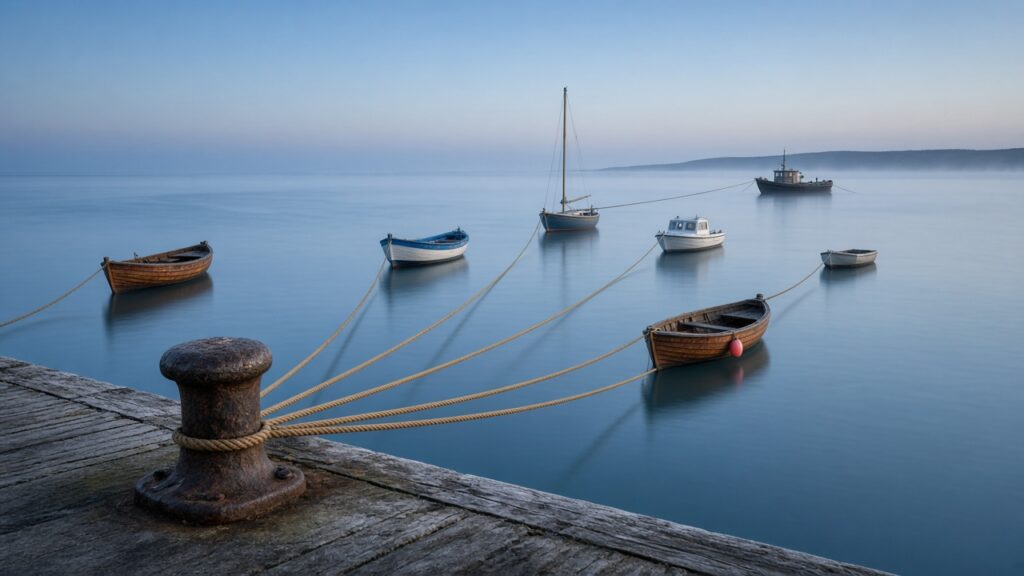 A single iron mooring post on a harbor quay at dawn, with several ropes fanning out across calm water to small boats moored at different distances.