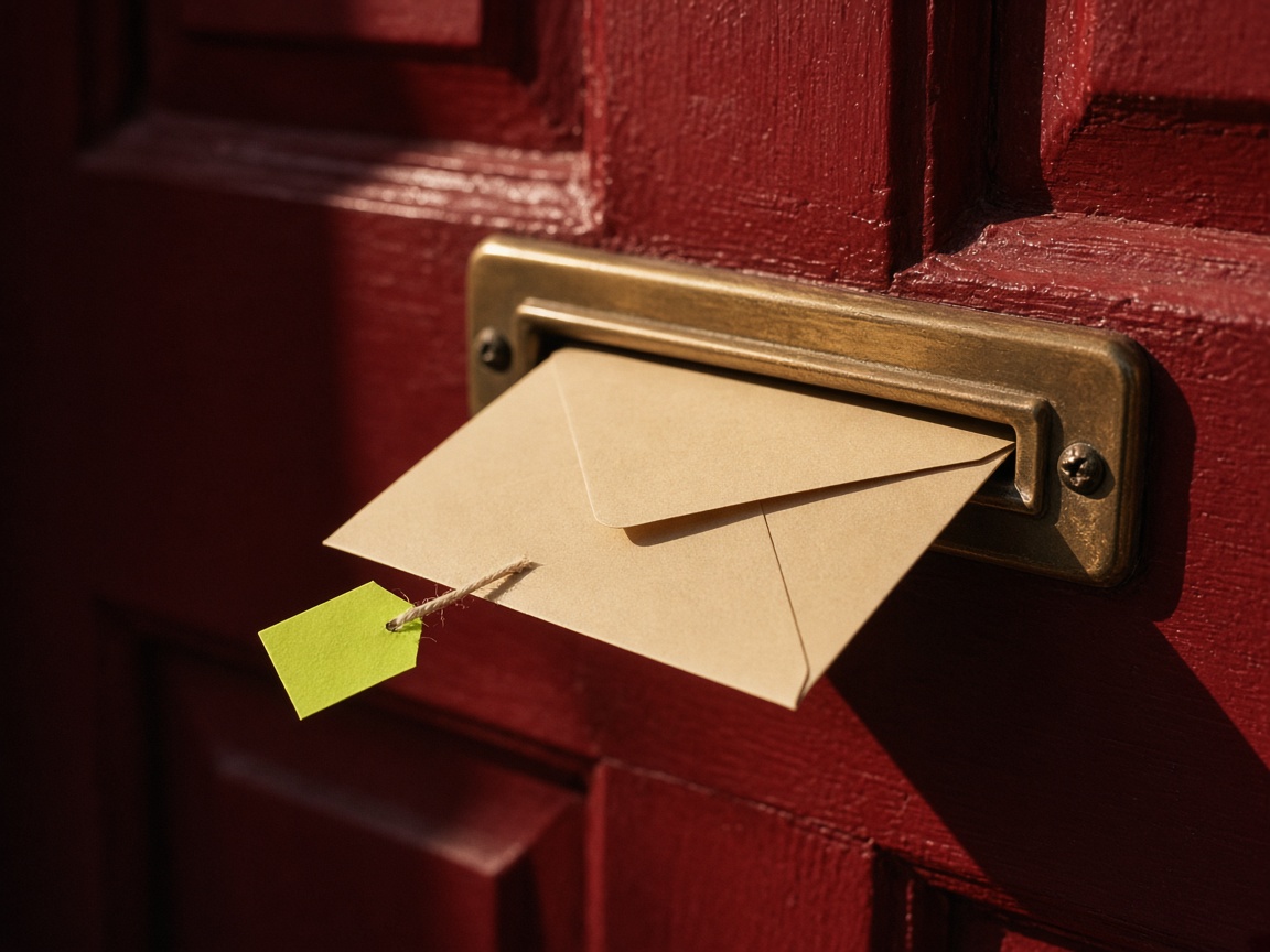 Close-up of an envelope sliding through a brass letterbox in a red door while its small bright tag dangles outside on a thin string.