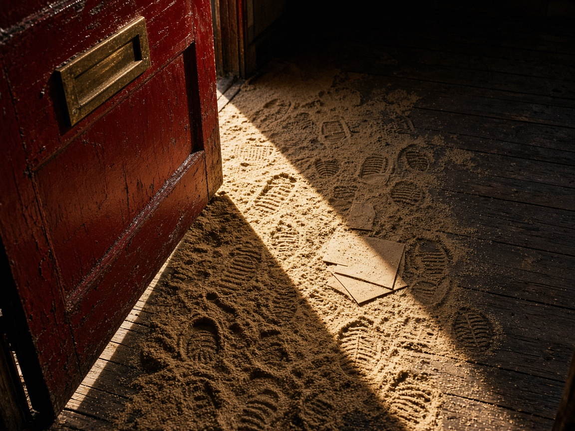 Low view of a sunlit doorway where a dusting of sand on the floorboards shows many fresh footprints walking in past a few untagged envelopes.