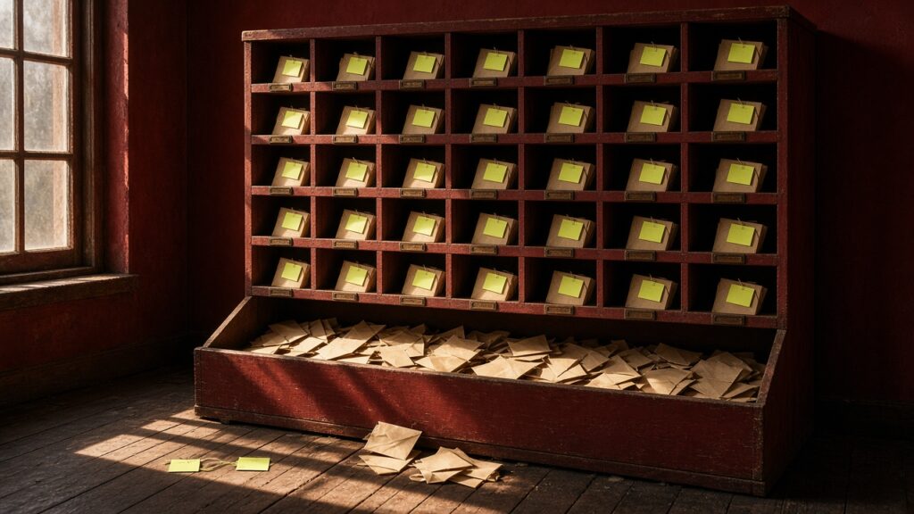 Sunlit wooden sorting cabinet where tagged envelopes sit in neat pigeonholes while a large bin at the bottom overflows with identical envelopes that have no tags.