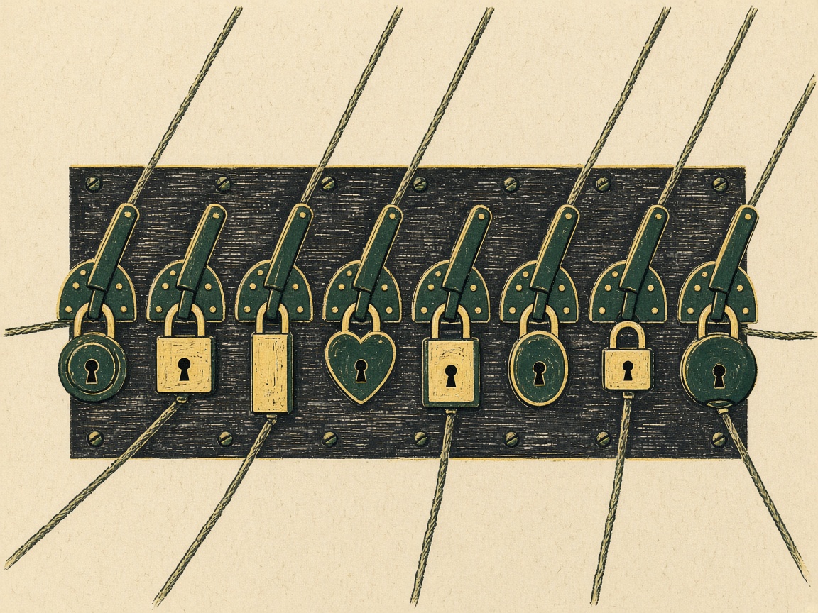 A linocut print of a row of eight lever switches, each locked with a different padlock on its own cord.