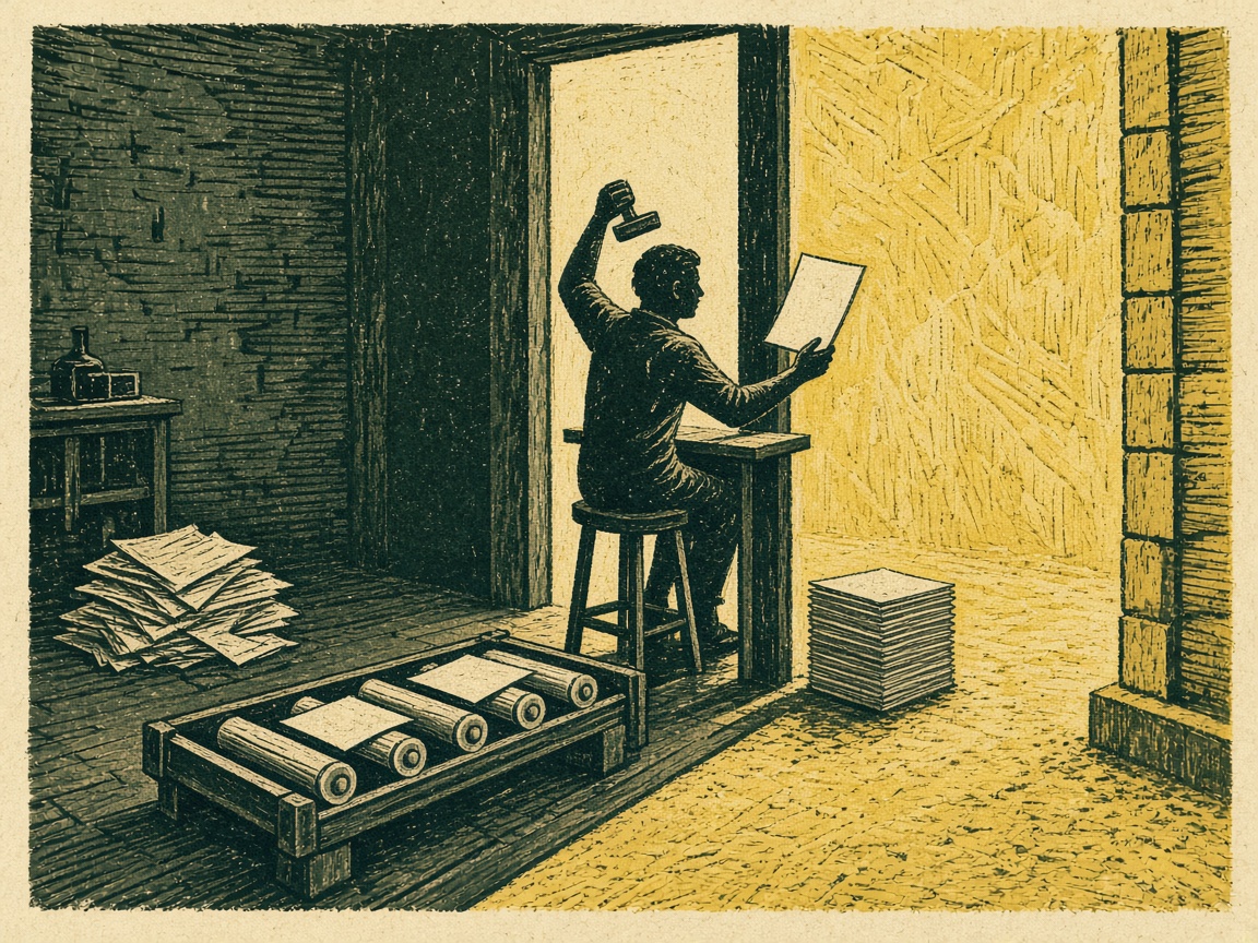 A linocut print of a person at a high desk in a doorway checking each sheet from a printing room before it goes out to the street.