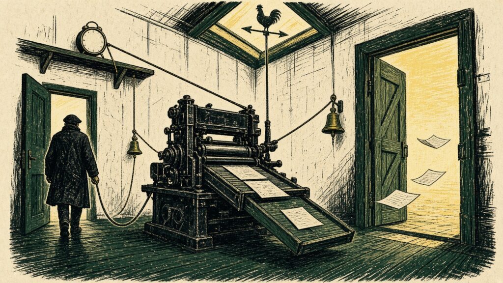 A linocut print of a printing press running by itself in an empty workshop, started by cords from an alarm clock, a weathervane and a doorbell, while one person walks out holding a single key.
