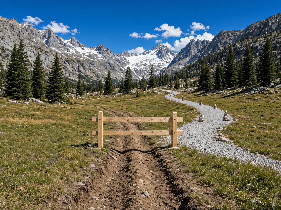An old deeply worn hiking path across an alpine meadow closed off by a new timber rail, with a fresh pale gravel path branching away beside it.