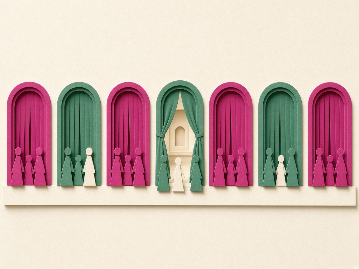 A layered cut-paper illustration of a row of small paper doorways in slightly different shades, each with its curtain drawn and paper figures waiting, while one doorway stands open.