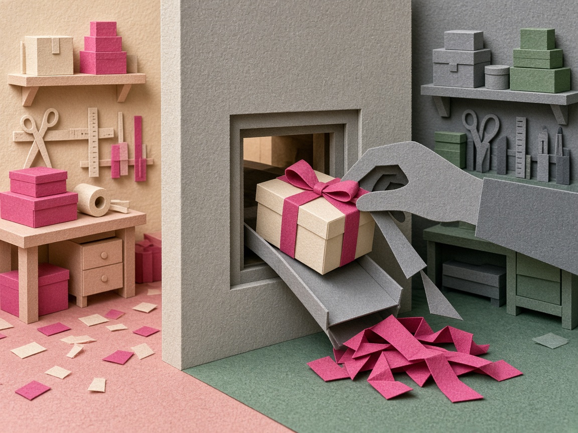 A layered cut-paper illustration of a parcel passing through a hatch between two paper workshops, where a hand on the far side swaps its magenta ribbon for a plain grey one.