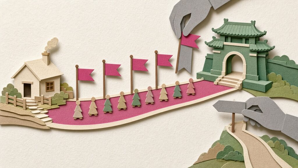 A layered cut-paper illustration of a road lined with matching magenta paper banners leading to a gatehouse, where a large paper hand swaps the last banner for a grey one and turns a blank signpost toward a side road.