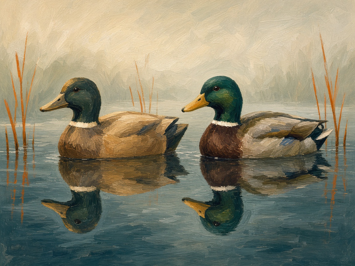 A gouache painting of a painted wooden decoy duck and a real mallard floating side by side, nearly identical except for their reflections in the water.