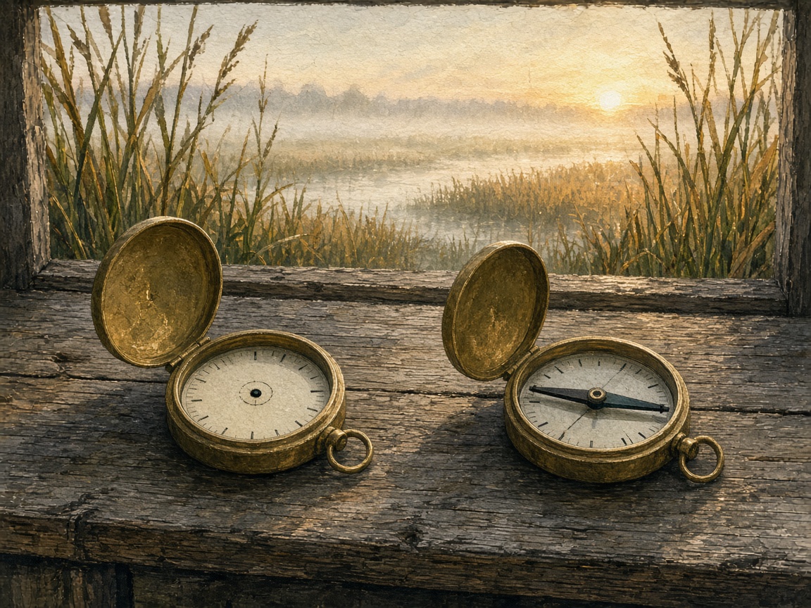 A gouache painting of two old brass compasses on the wooden ledge of a marsh hide, one with no needle and one whose needle points confidently the wrong way.