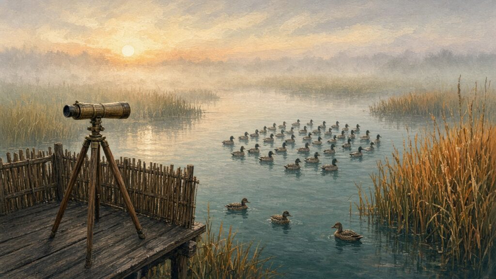 A gouache painting of a misty marsh at sunrise where a brass spotting scope on a wooden hide looks out over a flock that is mostly painted wooden decoy ducks, with only a few real ducks at the edges.