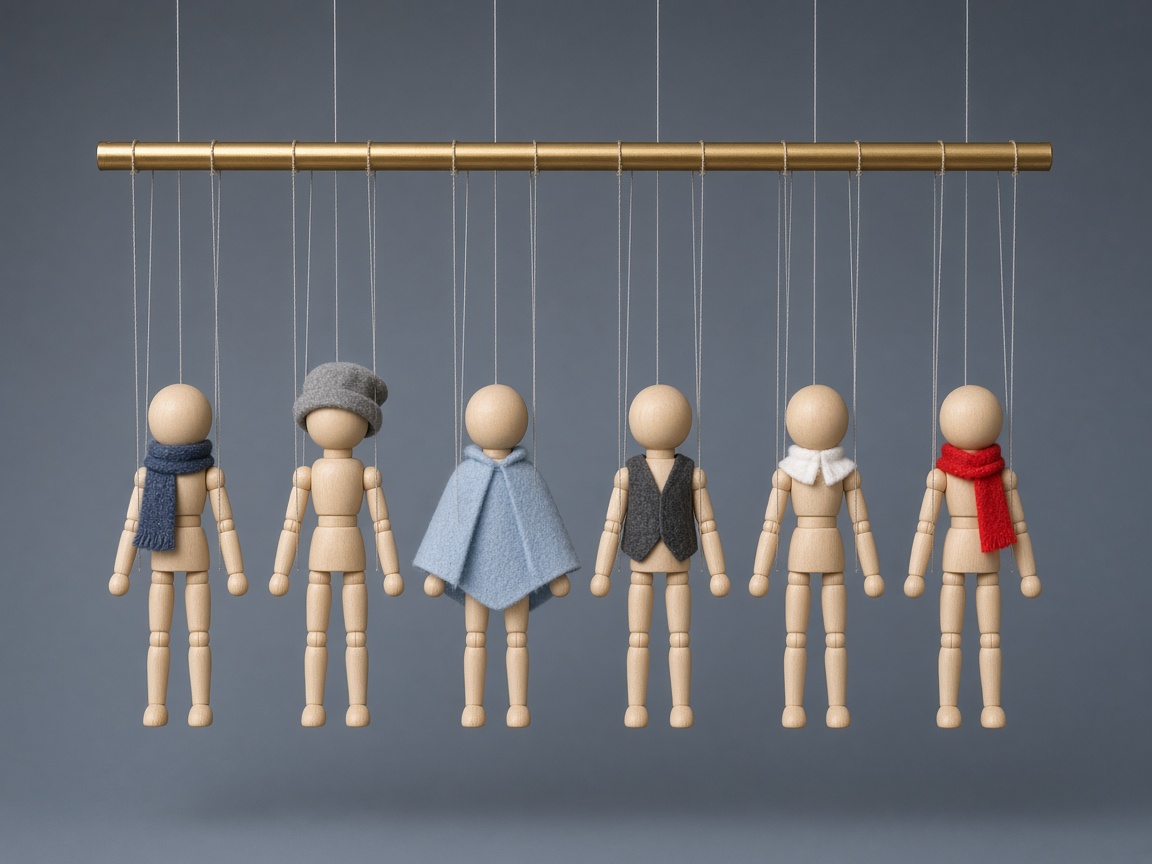 A studio photograph of six identical birch-wood marionettes hanging from a brass rail, each dressed in a different small felt costume piece.