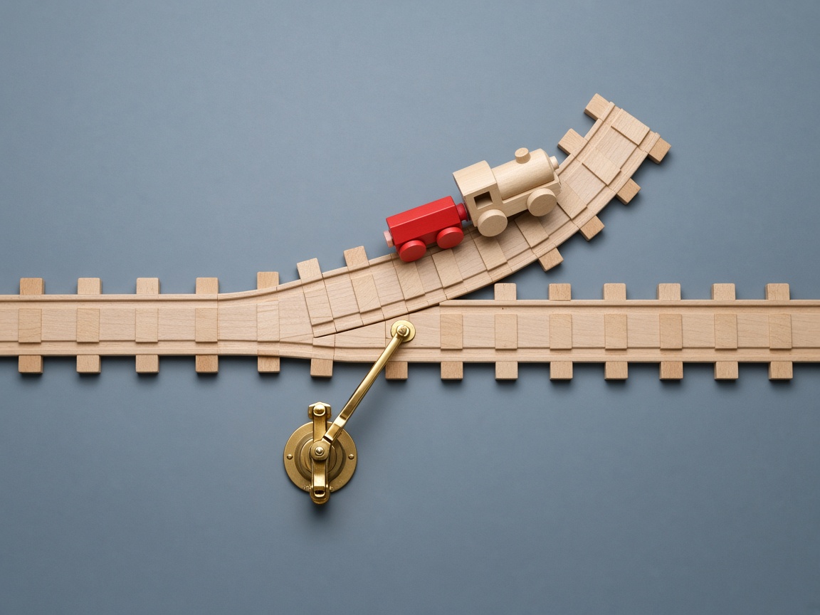 An overhead studio photograph of a wooden toy railway junction where a small brass lever arm has switched the track and sent a toy train onto the branch line.