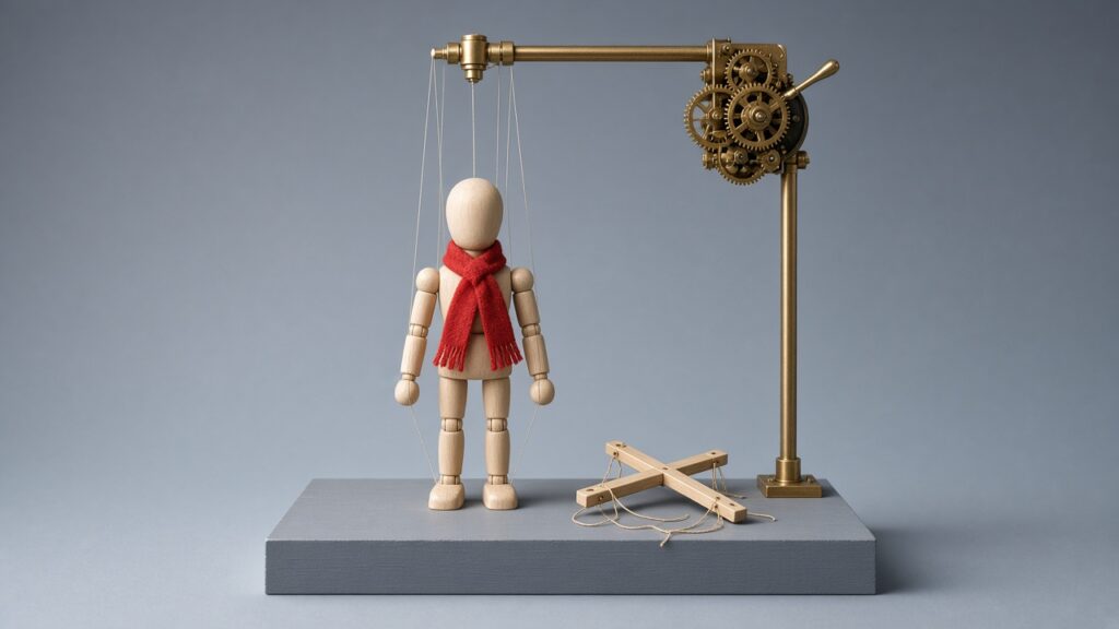 A studio photograph of a birch-wood marionette in a red scarf on a small stage, its strings worked by a brass clockwork machine while the hand-held wooden control lies unused on the floor beside it.