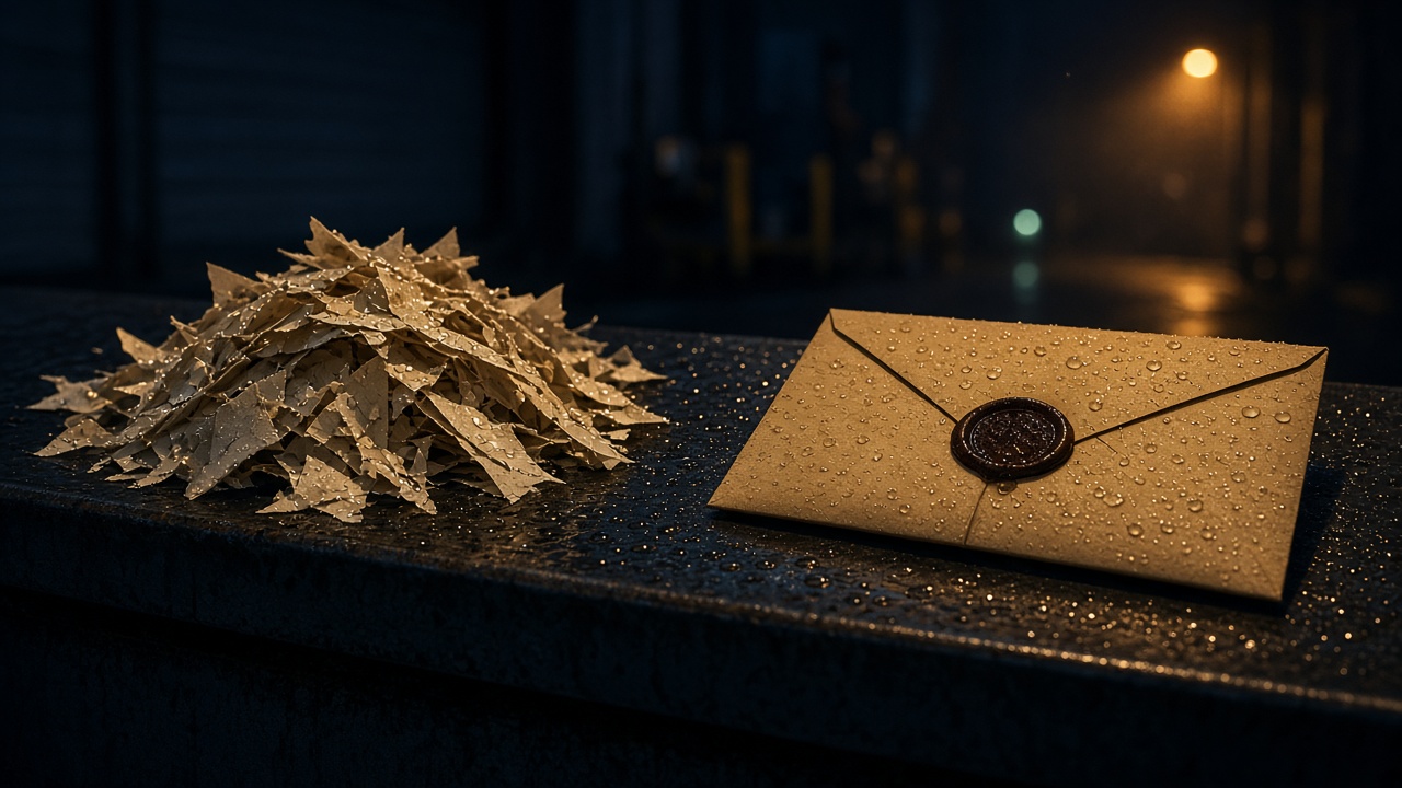 A pile of shredded paper beside an intact envelope closed with a wax seal on a rain wet steel ledge at night.