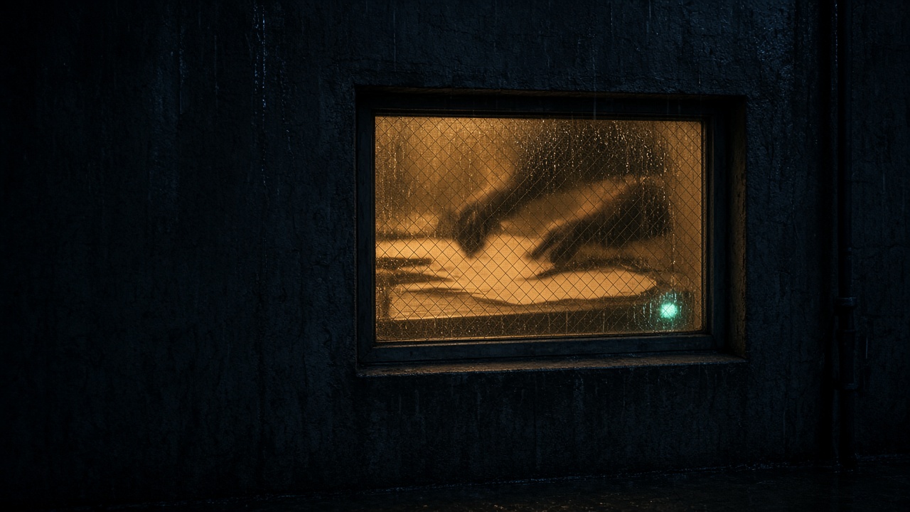 Gloved hands sorting papers behind a frosted wire glass window in a dark concrete wall at night, the details hidden by the glass.
