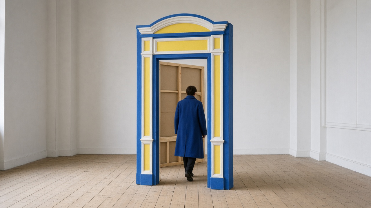 A person in a cobalt coat, seen from behind, steps through a freshly painted doorway flat standing alone on a pale wooden floor, with nothing but empty floor behind it.