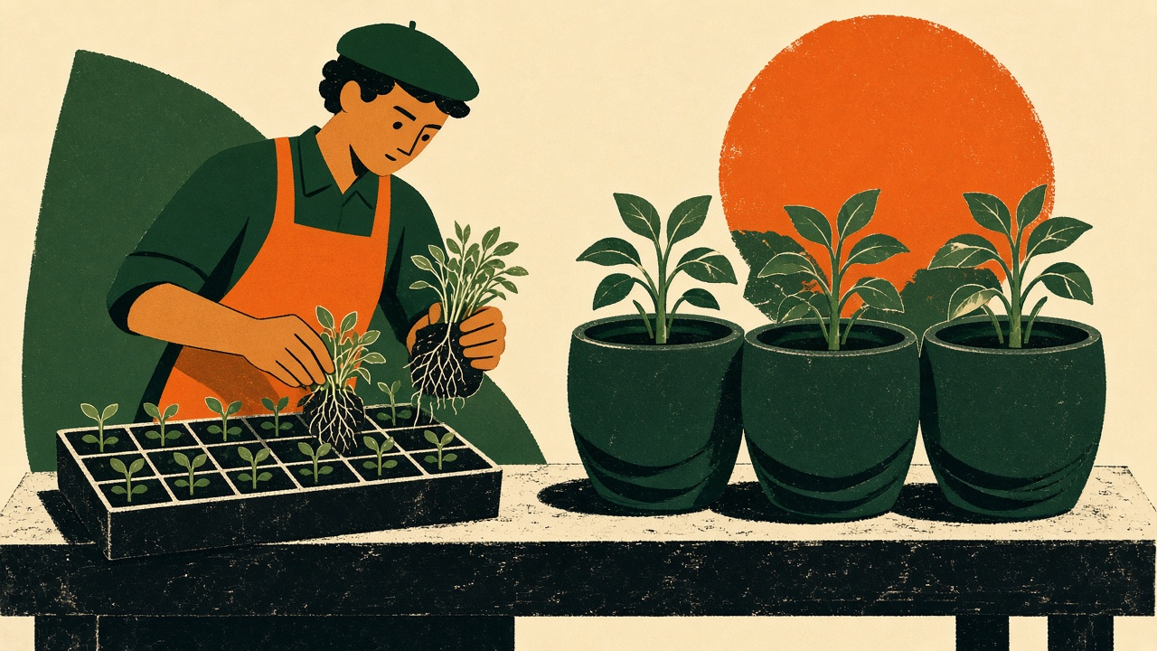 A screenprint style illustration of a gardener lifting crowded seedlings and replanting them into a few larger pots.