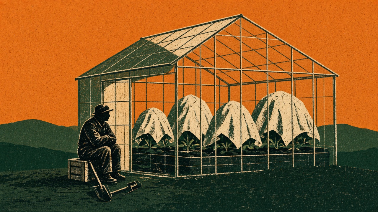 A screenprint style illustration of a greenhouse at dusk with a few well grown plants left still under cloth covers while a lone gardener waits outside.