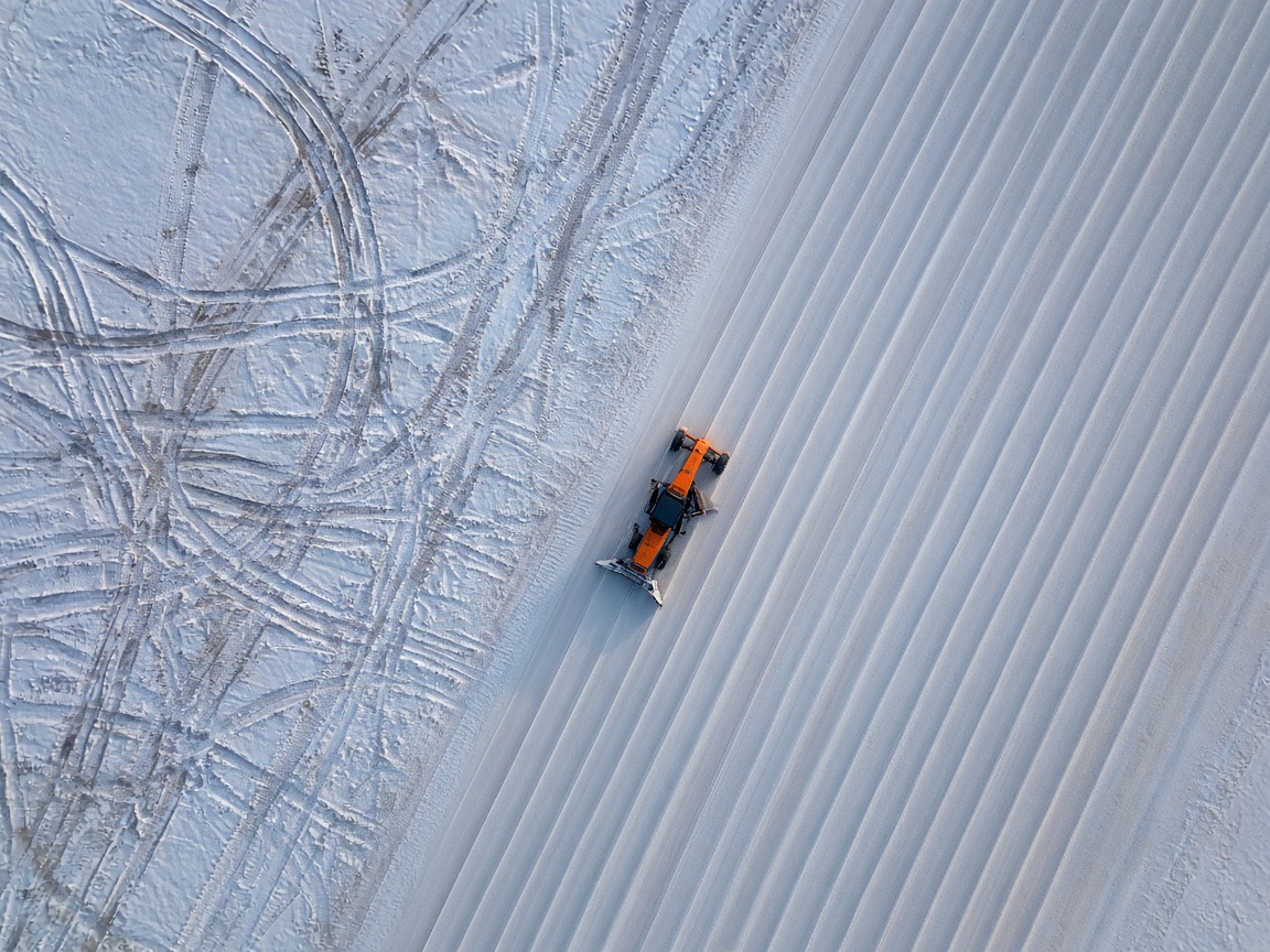 An aerial photograph looking straight down on a snowfield where a single orange grader has smoothed a tangle of tracks into neat parallel lanes.