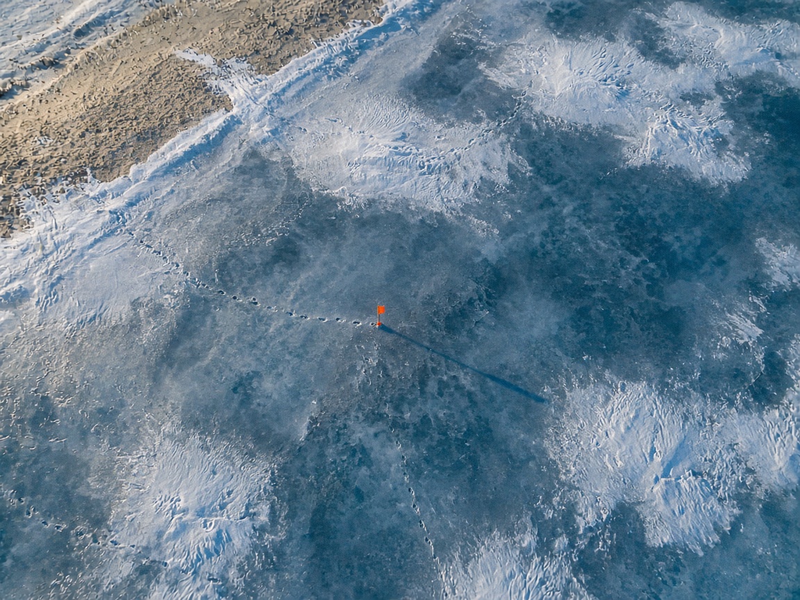An aerial photograph looking straight down on a frozen lake with scattered footprints and one small orange flag planted beside a trail that stops abruptly.