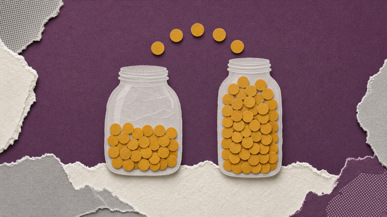 A cut paper collage of the same marbles being poured from a wide short jar into a tall narrow jar, where they rise much higher.