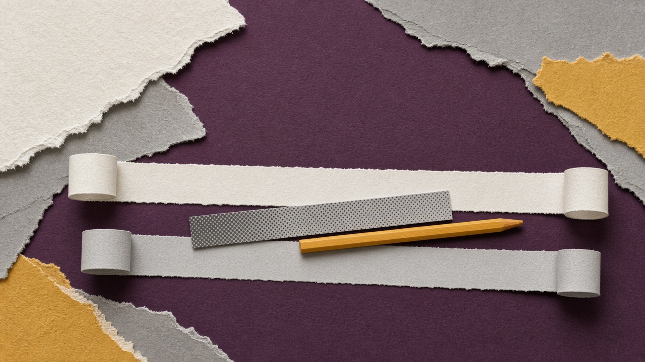 A cut paper collage of two blank receipt rolls laid side by side on a desk with a ruler and pencil placed across both.