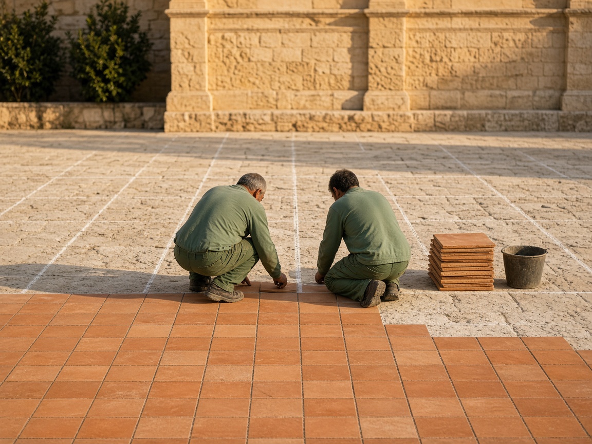 Two tile layers seen from behind setting terracotta tiles inside a chalk-line grid across a sunlit stone courtyard, half finished and half still bare lines.