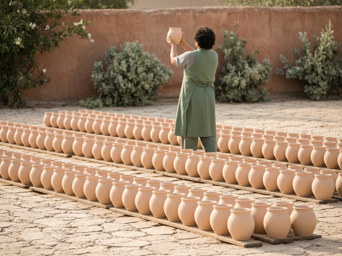 Rows of identical unglazed clay pots drying in a sunlit yard while a potter seen from behind lifts one pot to inspect it.