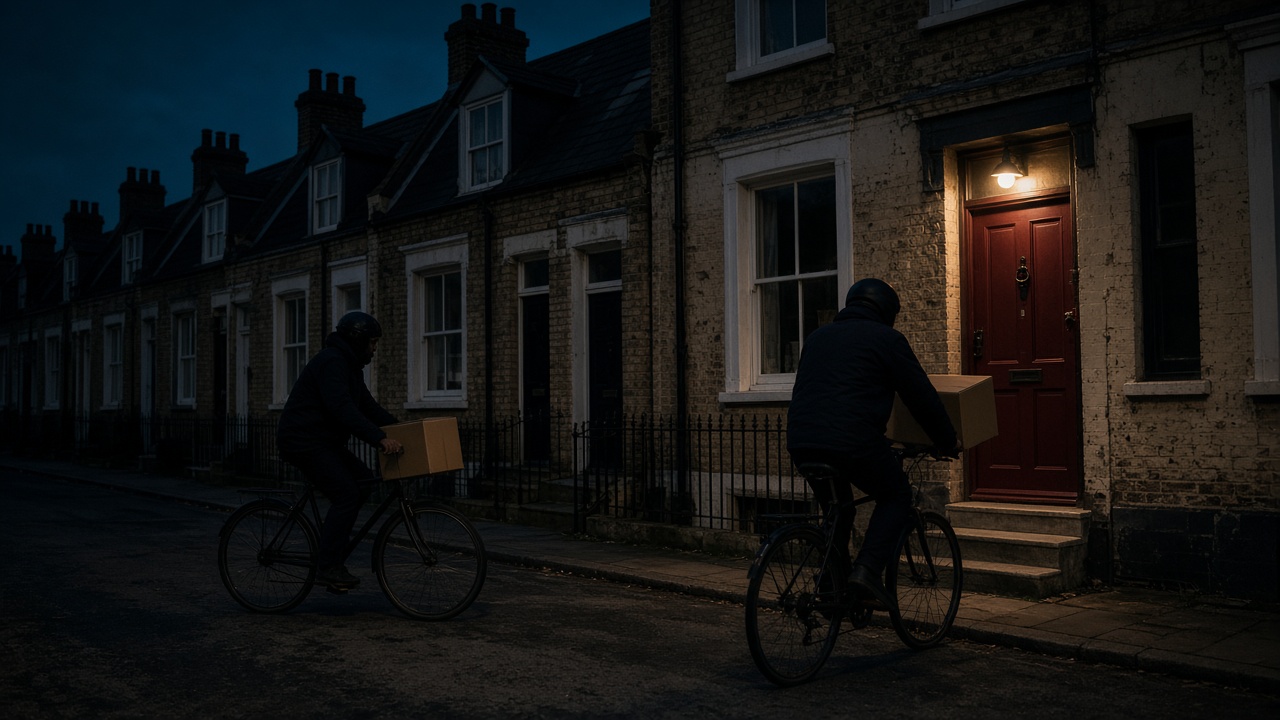 Two delivery riders arriving at night from opposite ends of a quiet street at the same doorway, each carrying an identical parcel.
