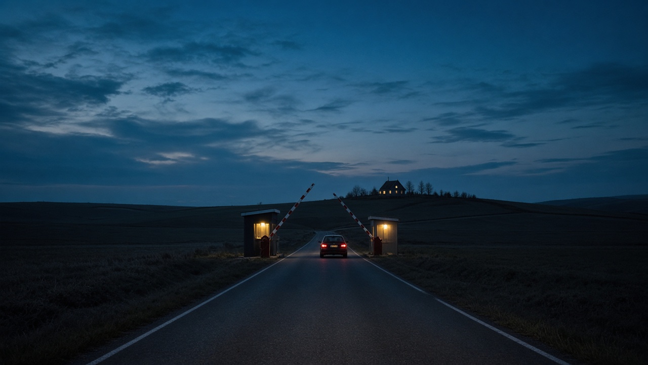 A quiet country road at blue hour where one car passes between two lit barrier gates set one after the other.
