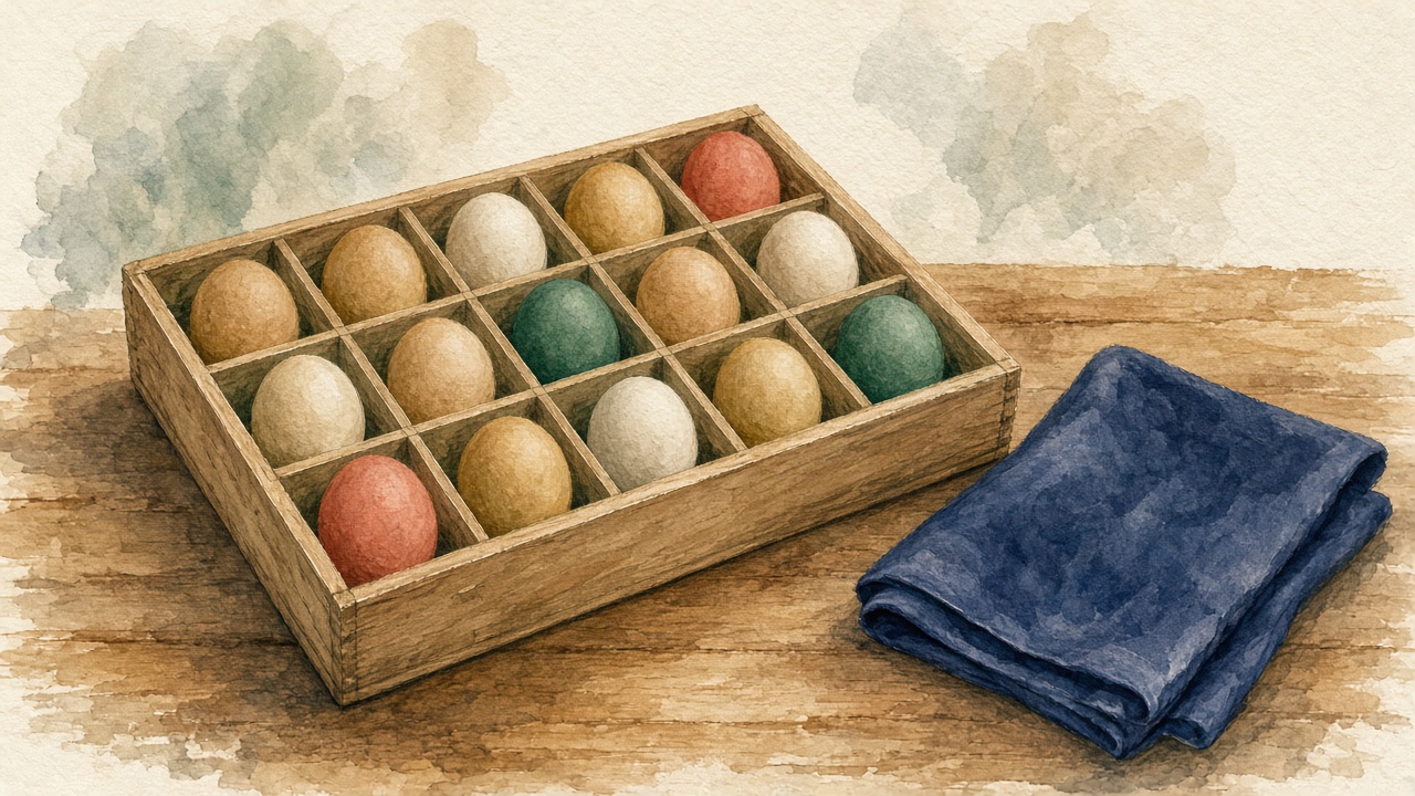 A painted still life of a full wooden egg crate where a few of the eggs are painted wooden decoys.