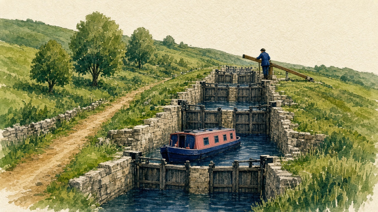 A painted landscape of a flight of canal locks climbing a hill, a narrowboat partway up and a lock keeper at the top gate seen from behind.