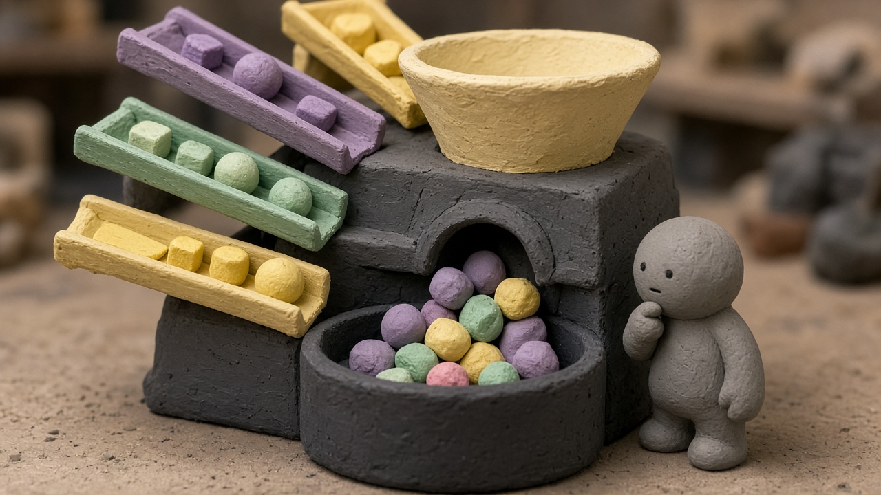 A clay miniature sorting machine where many differently shaped small parcels drop through one chute into a single round bin.